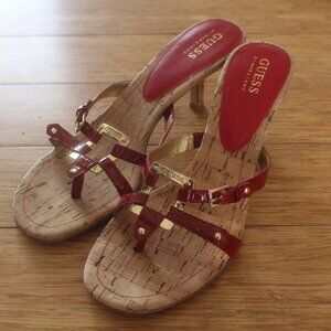 Guess Patent Leather Wood Detail Gold Hardware Strappy Thong Heels Size 10